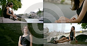 Young woman in european city, travelling alone, resting near river at windy day, collage