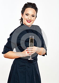 Young woman in evening black dress hold wine glass. female mode