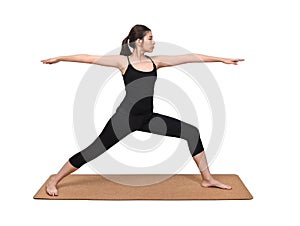 Young woman exercise pose on yoga mat on white background