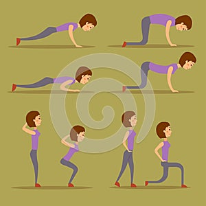 Young woman is exercising at home fitness character workout healthy living and diet concept vector illustration.