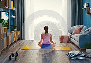 Young woman exercising at home, stretching legs. 3d rendering