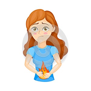 Young Woman Experiencing Epigastric Burning and Pain in Stomach Vector Illustration