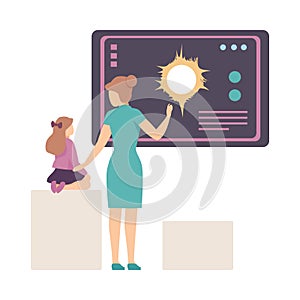 Young Woman Explaining Her Daughter Astronomical Facts and Notions in Planetarium Vector Illustration