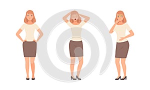 Young Woman Expressing Different Emotion Vomiting and Gasping in Amazement Vector Set