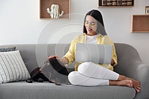 Young woman with eye patches working on laptop near her dog in living room. Home office concept