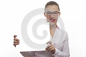 Young woman in eyeglasses holding a white banner