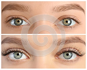 Young woman before and after eyelash extension procedure
