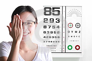 Young woman on eyesight test chart background. Eyesight and eye