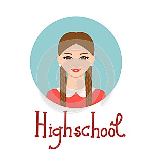 Young woman face avatar. Cute school girl portrait for social networks. Vector illustration with handdrawn lettering. Highschool