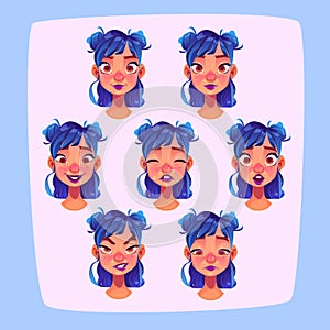 Young woman face expressions, cartoon female set