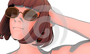 Young woman face half turn view. Elegant silhouette of a female head. Beauty person wearing sunglasses. Sketch style