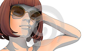 Young woman face half turn view. Elegant silhouette of a female head. Beauty person wearing sunglasses. Sketch style