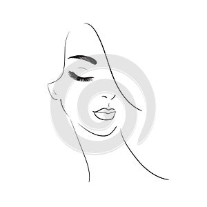 Young woman face with long eyelashes and ear.Beautiful girl face isolated on a white background.Stock Vector illustration.Glamour