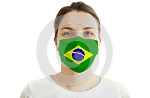 Young Woman in Face Mask with Brazilian Flag