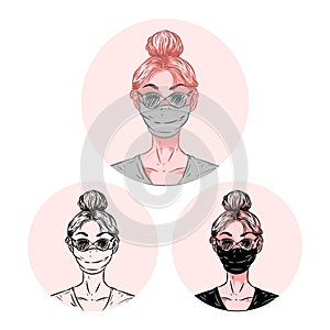 Young woman in face mask, coronavirus protection, social isolation, vector illustration