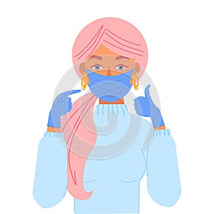 Young woman face with medical mask, hand gloves on. Thumb up. Positive use of protective equipment concept.Flu