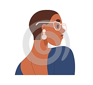 Young woman face profile. Modern fashion beautiful girl portrait, wearing glasses eyewear, earrings and short hair