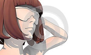 Young woman face side view. Elegant silhouette of a female head. Beauty person wearing sunglasses. Sketch style outline