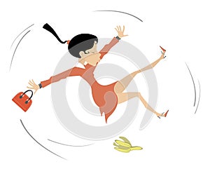 Young woman falling banana peel