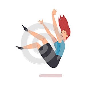 Young Woman Falling Down, Female Person with Frightened Expression on her Face Falling Back Cartoon Style Vector