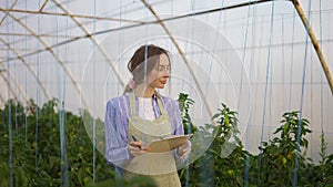 Young woman farmer in indoor greenhouse, accounting using tablet