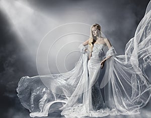 Young Woman in Fashion Shiny Dress, Lady in Flying Clothes, Girl under Star Light