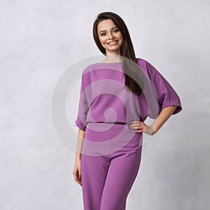 Young woman in fashionable purple jumpsuit