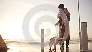 Young woman feeding her dog, petting him near seaside and smiling in slow motion