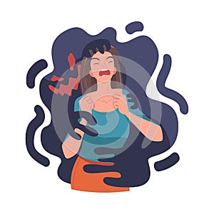 Young Woman Feeling Anger and Malice Grasped by Dark Inner Monster Vector Illustration