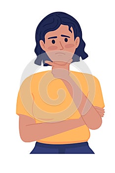 Young woman feeling uncertain about future semi flat color vector character