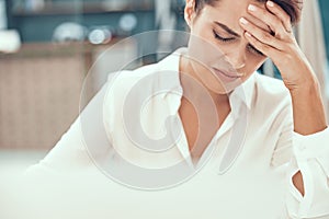 Young woman feeling unwell and closing eyes stock photo