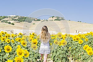 Young woman in a field of sunflowers