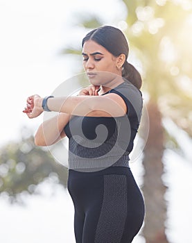 Young woman, fitness and heart rate, neck pulse and training plus size body in urban city. Sports runner, athlete and