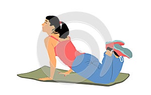 Young woman on the floor exercise in gym vector illustration. Fit lady on pilates treatment. Losing weight concept. Fitness girl