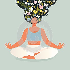 Young woman with flower hair sits in lotus pose of yoga. Free mind concept. Female mental health, blooming brain