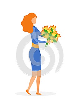 Young Woman with Flowers Flat Vector Illustration