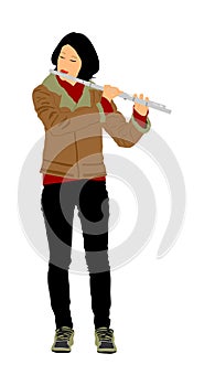 Young woman flute music playing vector. Flutist musician performer with wind musical instrument illustration.