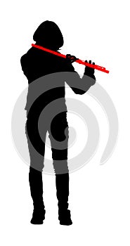 Young woman flute music playing vector. Flutist musician performer with wind musical instrument illustration. Street performer.