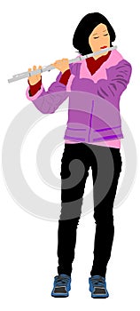 Young woman flute music playing vector illustration.