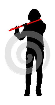 Young woman flute music playing vector silhouette. Flutist musician performer with wind musical instrument illustration.