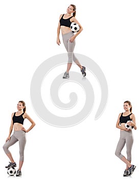 The young woman with football isolated on white