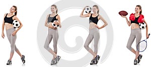 The young woman with football, rugby ball, boxing gloves and tennis racquet