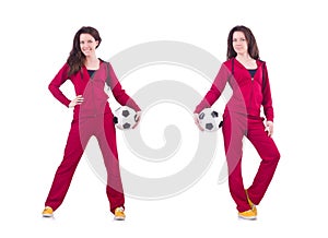 Young woman with football on white