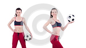 Young woman with football on white