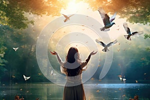 Young woman in the forest with flying pigeons. Concept of freedom, rear view of woman praying and free bird and enjoying nature,