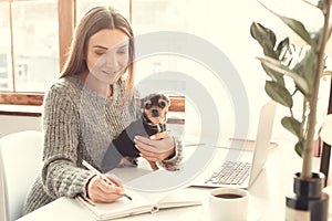 Young woman freelancer indoors home office concept winter atmosphere with dog