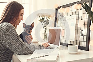 Young woman freelancer indoors home office concept winter atmosphere sitting with pet working