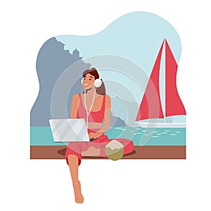 Young Woman Freelancer Wear Headphones Work on Laptop at Sea Beach Sitting on Bench. Female Working Activity with Pc