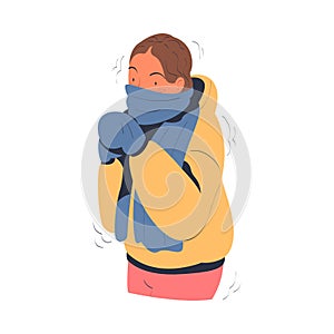 Young woman freezing wearing warm clothes, scarf and mittens. Girl trying to warm during winter or autumn season cartoon