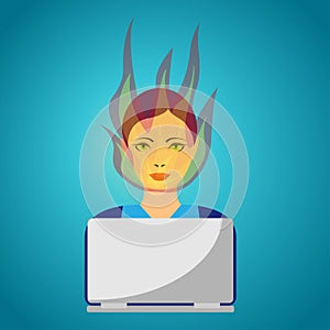 Young woman in front of a laptop with head on fire, burnout concept
